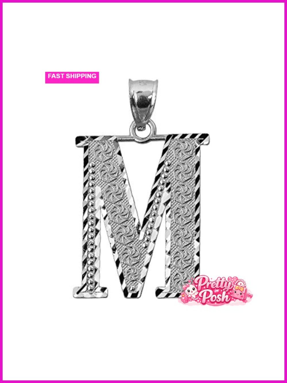 Sterling Silver Initial Letter M Charm Pendant 1.25 inch